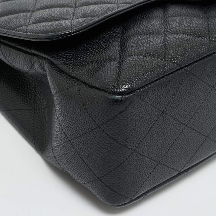 Pre Owned Chanel Black Quilted Caviar Leather Jumbo Classic Single Flap Bag