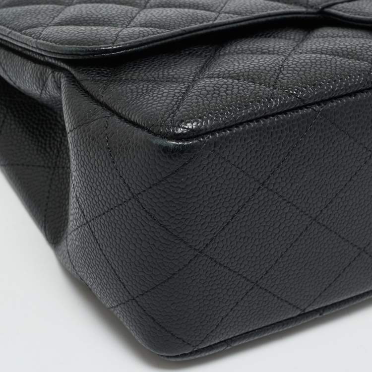 Pre Owned Chanel Black Quilted Caviar Leather Jumbo Classic Single Flap Bag