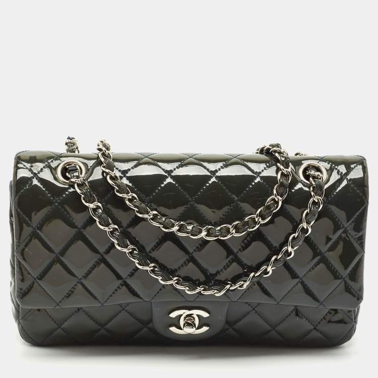 Pre Owned Chanel Teal Blue Quilted Patent Leather Medium Classic Double Flap Bag