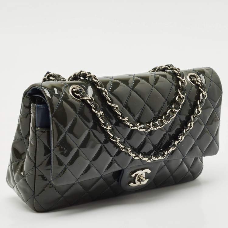 Pre Owned Chanel Teal Blue Quilted Patent Leather Medium Classic Double Flap Bag