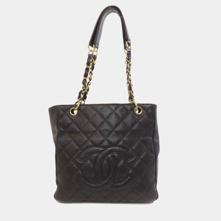 Pre Owned Chanel Petite Shopping Black Leather Tote Bag