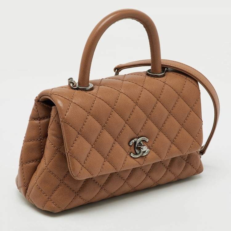 Pre Owned Chanel Brown Quilted Caviar Leather Mini Coco Top Handle Bag