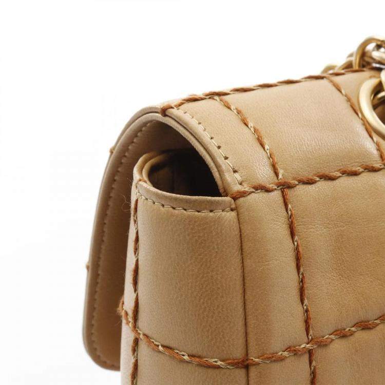 Pre Owned Chanel Single Flap Medium Beige Lambskin Square Stitched Shoulder Bag