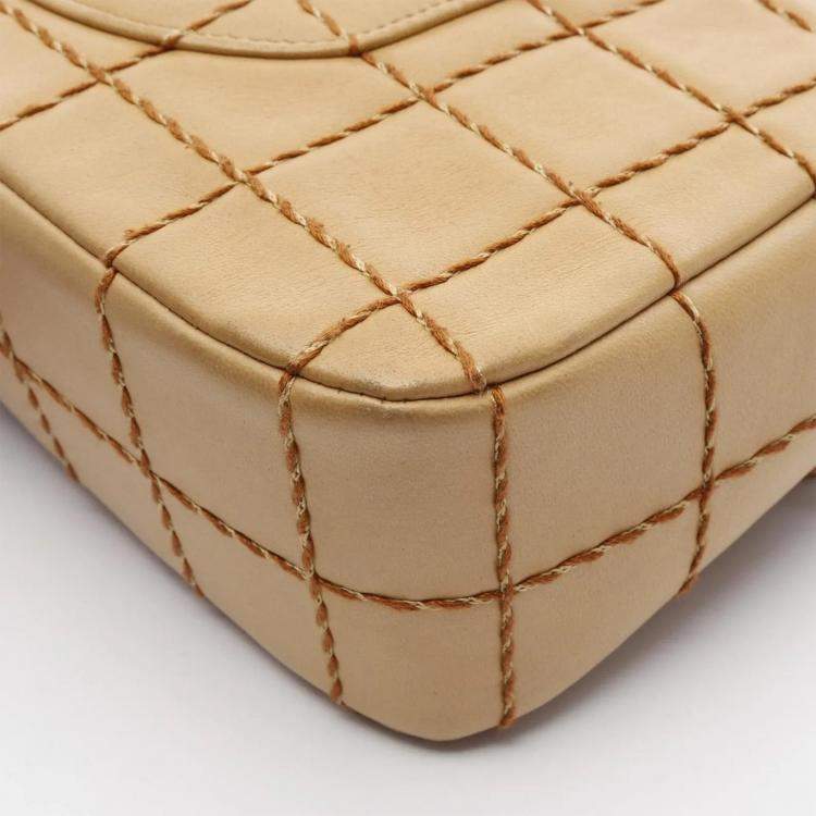 Pre Owned Chanel Single Flap Medium Beige Lambskin Square Stitched Shoulder Bag