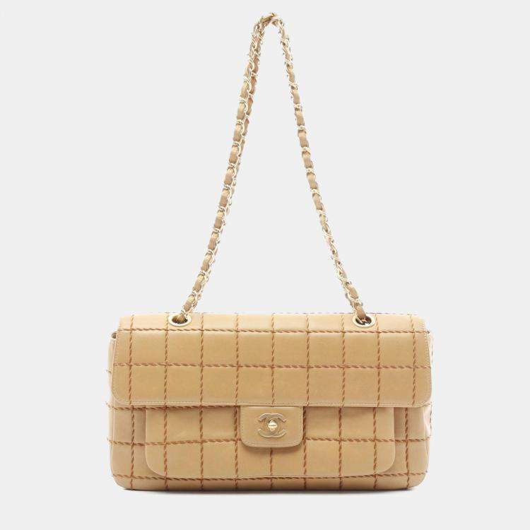 Pre Owned Chanel Single Flap Medium Beige Lambskin Square Stitched Shoulder Bag
