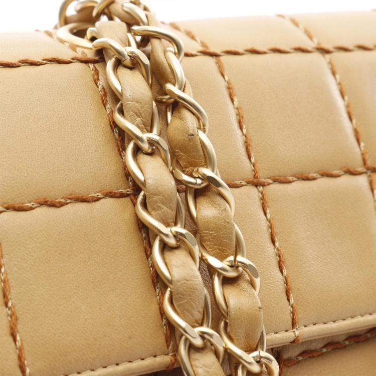 Pre Owned Chanel Single Flap Medium Beige Lambskin Square Stitched Shoulder Bag