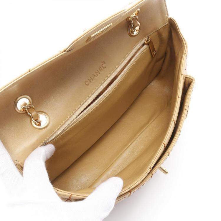 Pre Owned Chanel Single Flap Medium Beige Lambskin Square Stitched Shoulder Bag