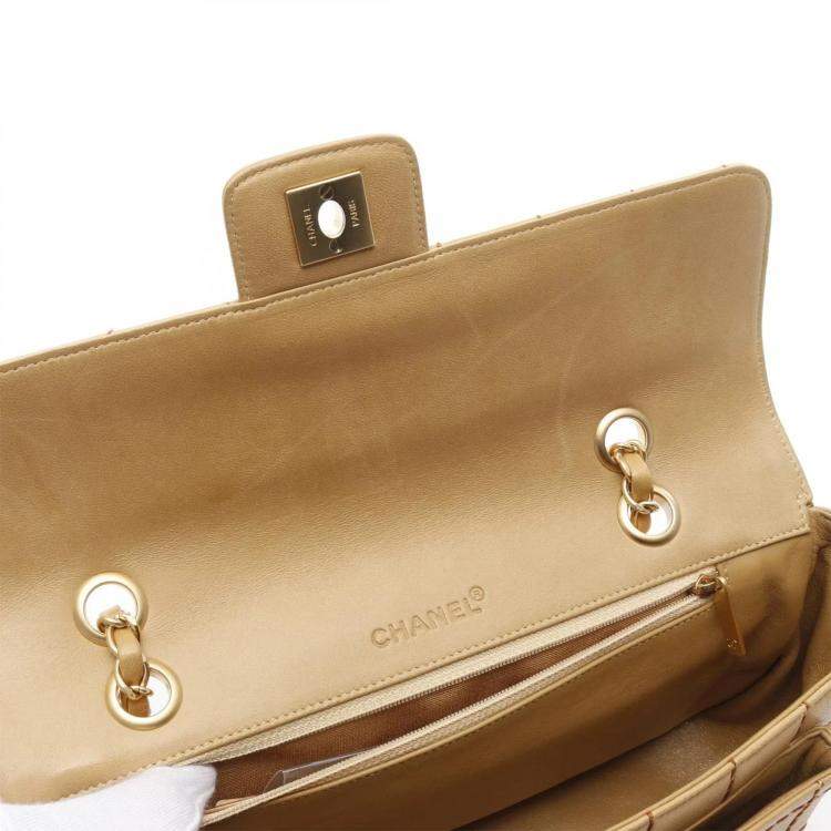 Pre Owned Chanel Single Flap Medium Beige Lambskin Square Stitched Shoulder Bag