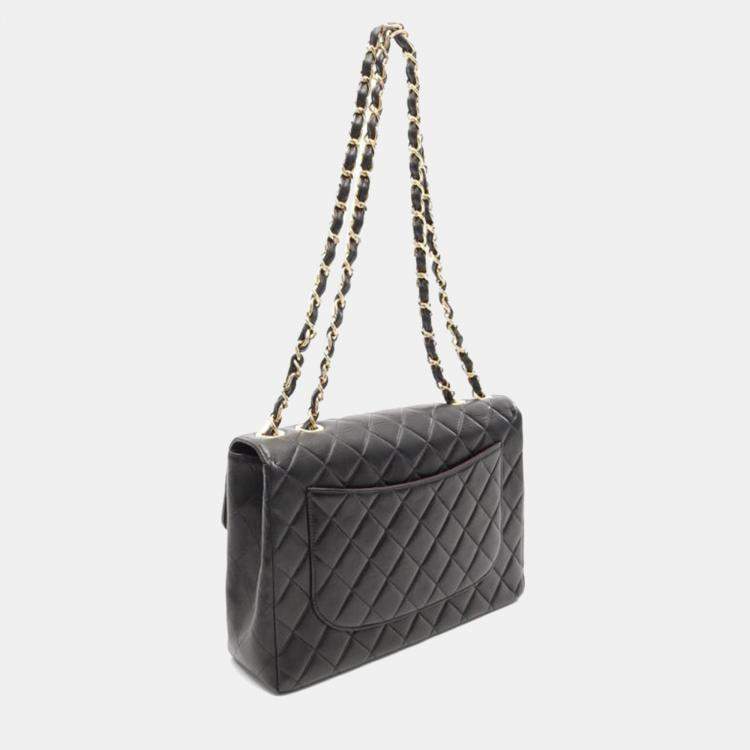 Pre Owned Chanel  Single Flap Jumbo Black Matelasse Lamb Leather Shoulder Bag