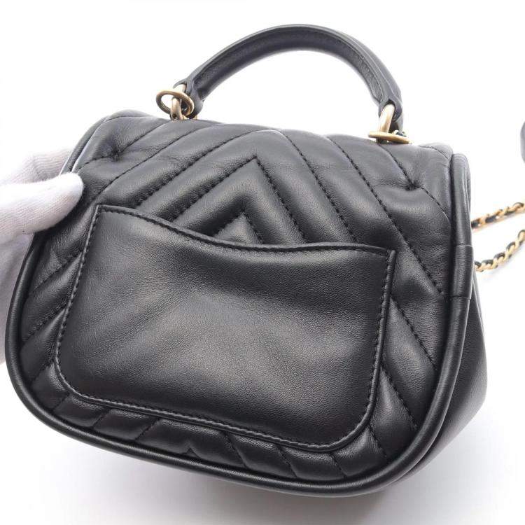 Pre Owned Chanel Single Flap Mini Black Reverse Chevron Lambskin Top Handle Bag