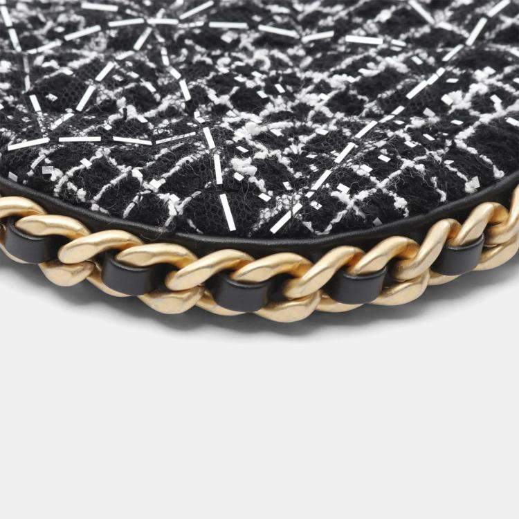 Pre Owned Chanel Trendy Chain Around Tweed Sequin Quilted Black White Hobo Bag