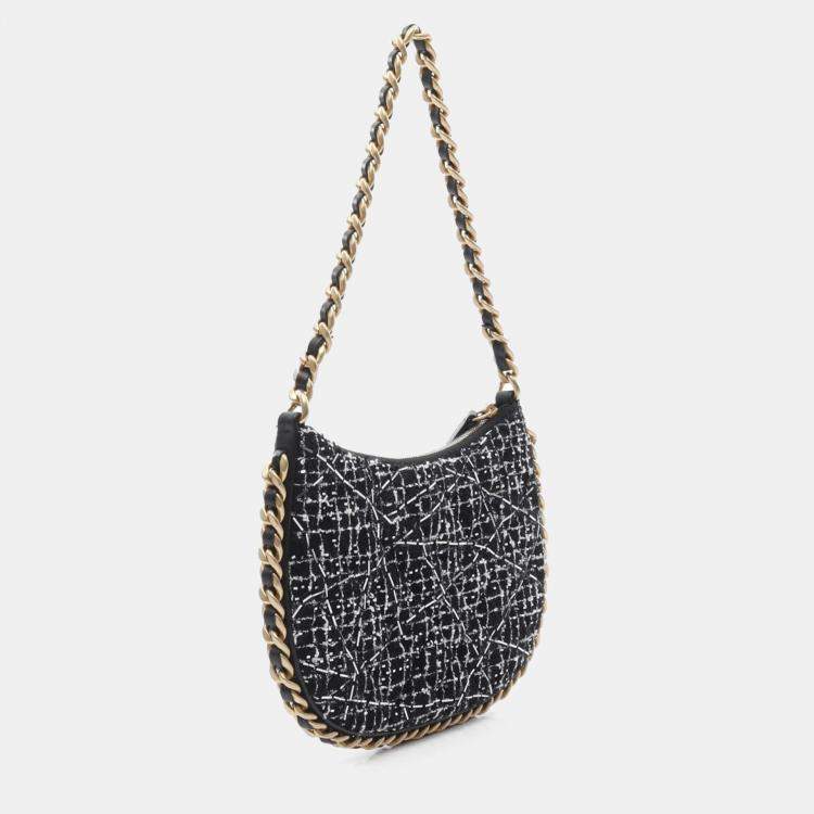 Pre Owned Chanel Trendy Chain Around Tweed Sequin Quilted Black White Hobo Bag