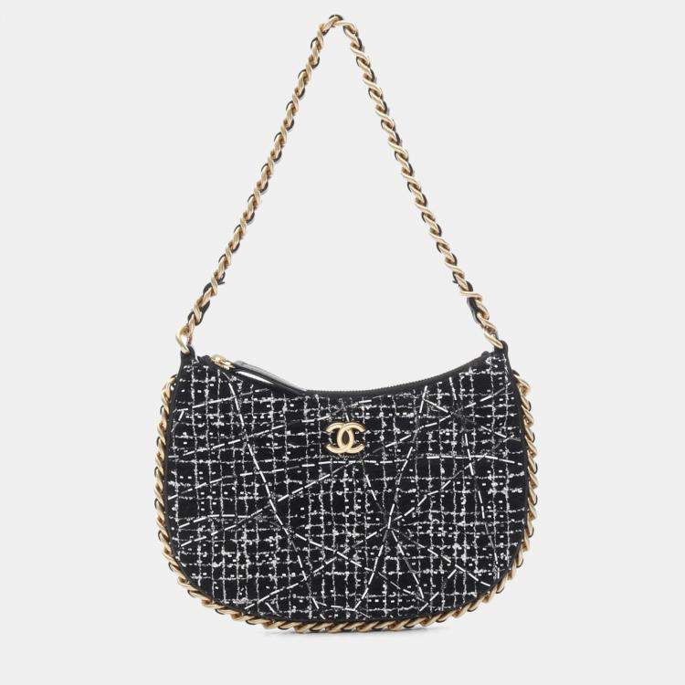 Pre Owned Chanel Trendy Chain Around Tweed Sequin Quilted Black White Hobo Bag