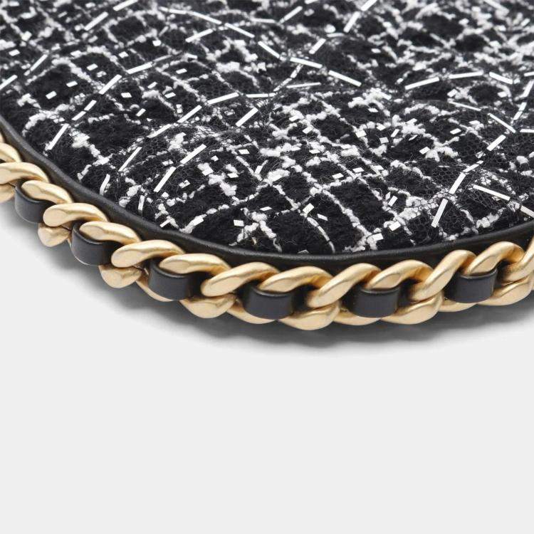 Pre Owned Chanel Trendy Chain Around Tweed Sequin Quilted Black White Hobo Bag