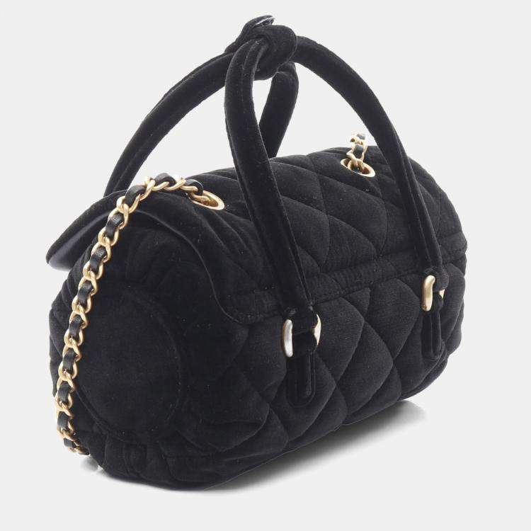 Pre Owned Chanel Black Velvet Quilted Mini Top Handle Flap Bag