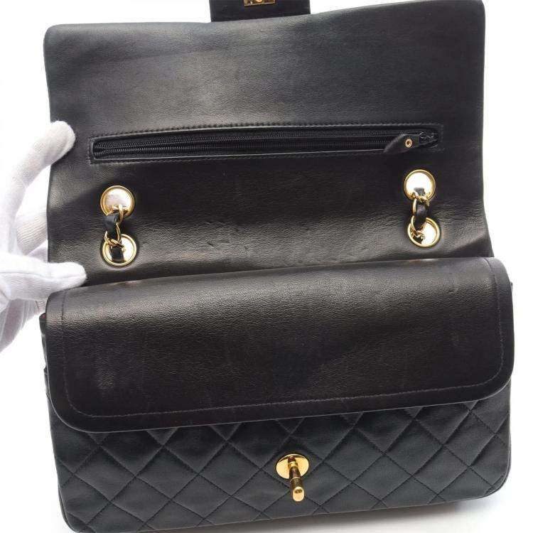 Pre Owned Chanel Classic Double Flap Black Quilted Lambskin Shoulder Bag