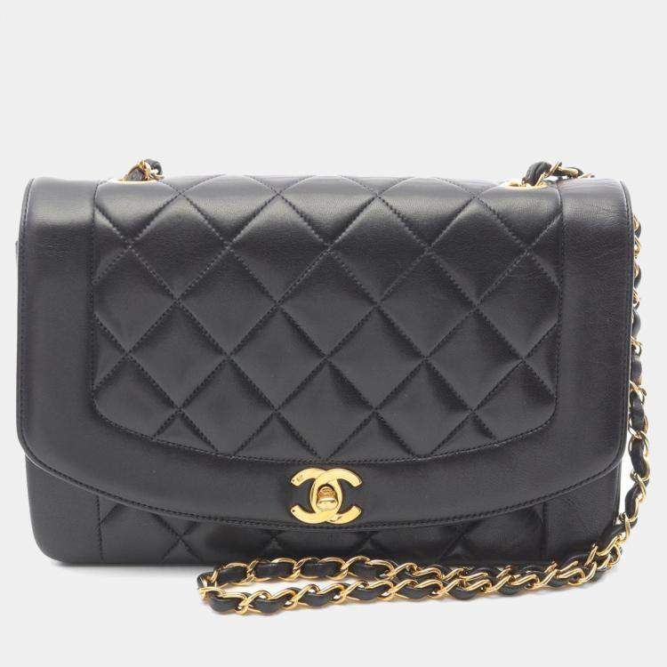 Pre Owned Chanel Diana Flap Black Lambskin Leather Shoulder Bag