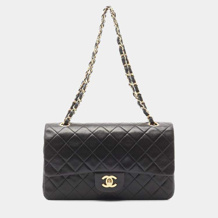 Pre Owned Chanel Classic Double Flap Black Quilted Lambskin Shoulder Bag