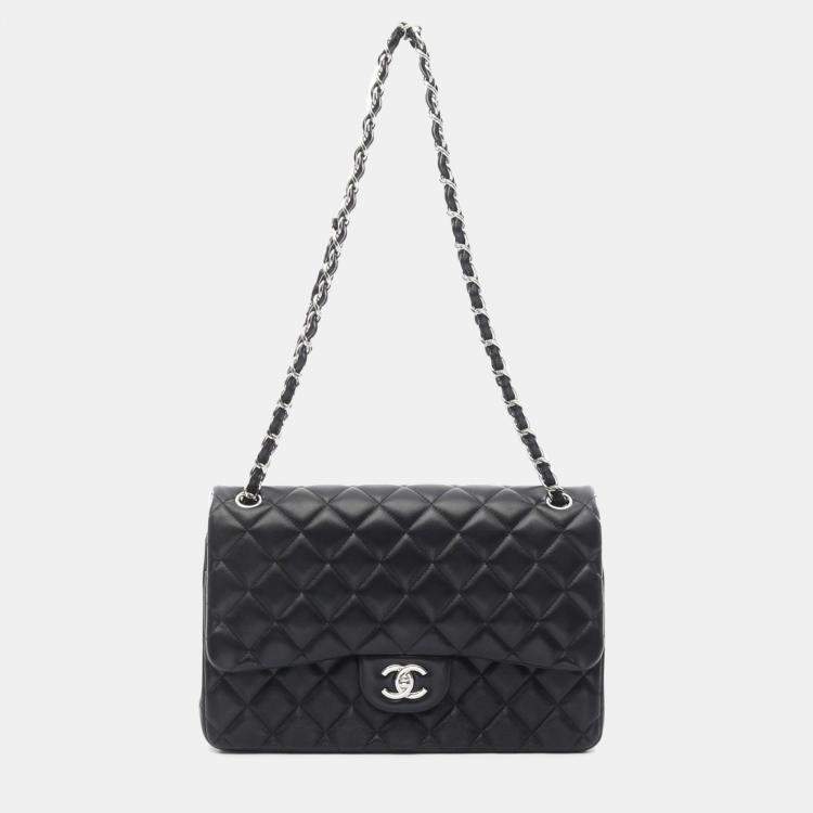 Pre Owned Chanel Classic Double Flap Jumbo Black Quilted Lambskin Shoulder Bag