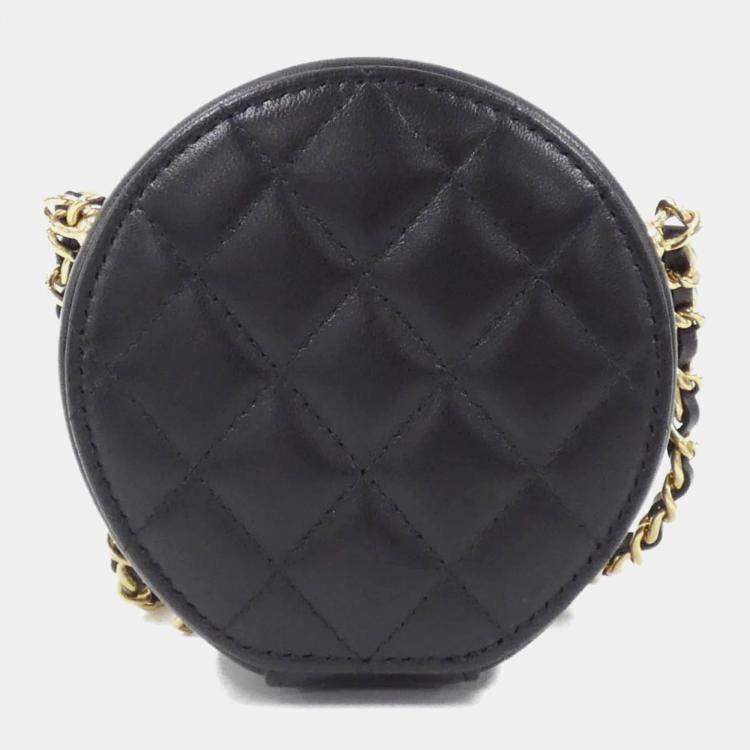 Pre Owned Chanel Camellia Round Black Leather and Gold Metal Clutch Bag