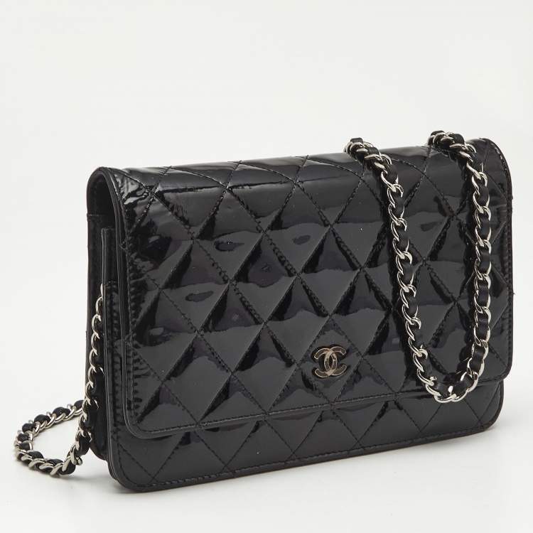Pre Owned Chanel Black Quilted Patent Leather CC Wallet On Chain