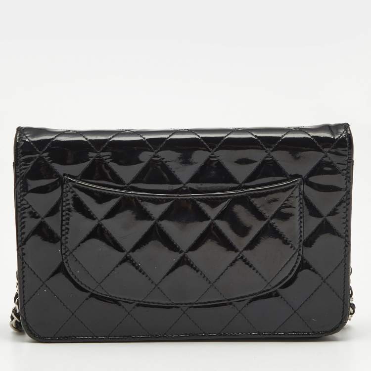 Pre Owned Chanel Black Quilted Patent Leather CC Wallet On Chain