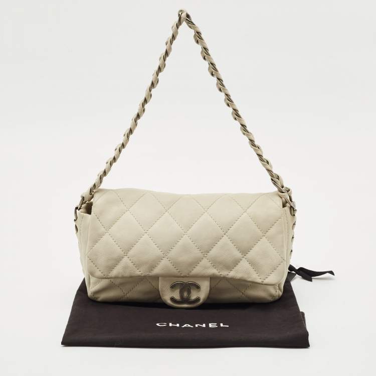 Pre Owned Chanel Off White Quilted Leather Braided Flap Bag