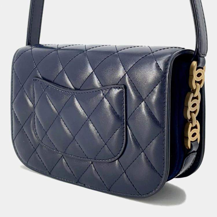 Pre Owned Chanel Matelasse Blue Calf Leather Full Flap Shoulder Bag 