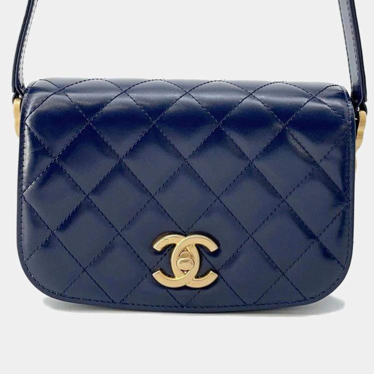 Pre Owned Chanel Matelasse Blue Calf Leather Full Flap Shoulder Bag 