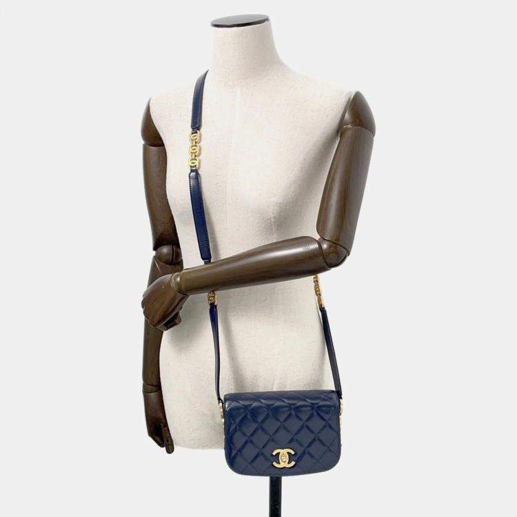 Pre Owned Chanel Matelasse Blue Calf Leather Full Flap Shoulder Bag 