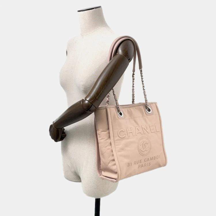 Pre Owned Chanel Deauville PM Pink Leather Caviar Leather Chain Tote Bag 