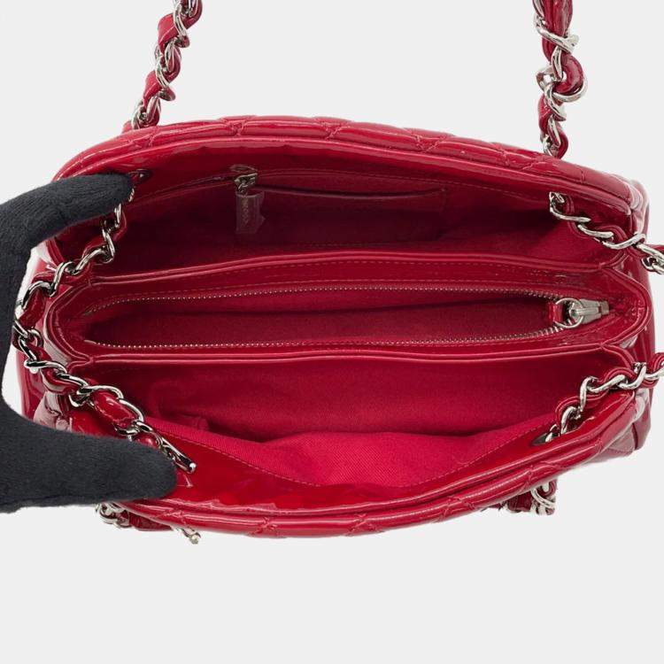 Pre Owned Chanel Mademoiselle Red Patent Leather Chain Bowling Bag 