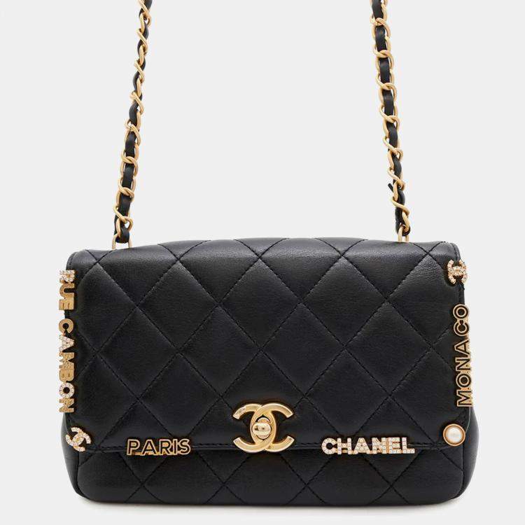 Pre Owned Chanel Matelasse Black Lambskin Chain Shoulder Bag 