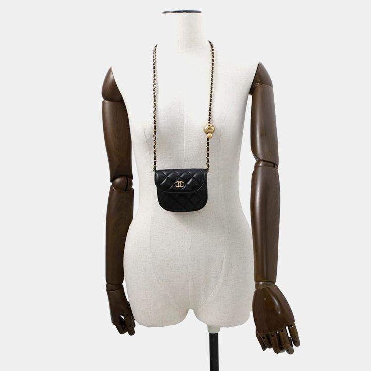 Pre Owned Chanel Matelasse Ball  Black Lambskin Chain Mini Pouch