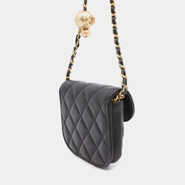 Pre Owned Chanel Matelasse Ball  Black Lambskin Chain Mini Pouch