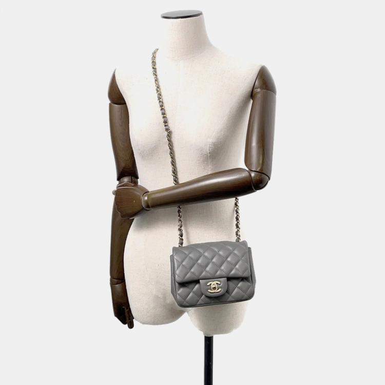 Pre Owned Chanel Gray Lambskin Mini Matelasse Chain Shoulder Bag  