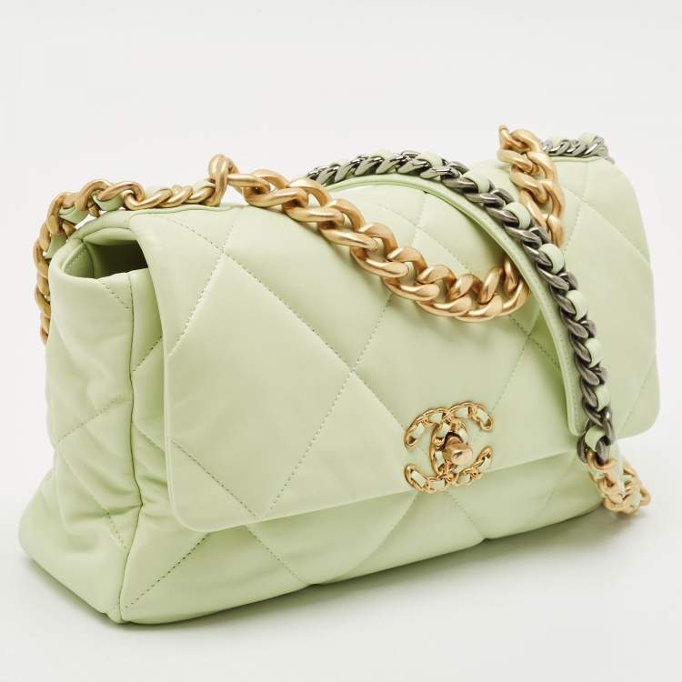 Pre Owned Chanel Mint Green Quilted Leather Large 19 Flap Bag