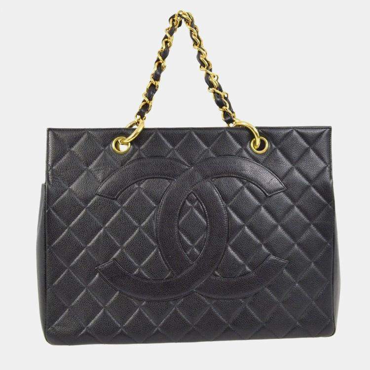 Pre Owned Chanel Black Calfskin Tote Chain Handbag