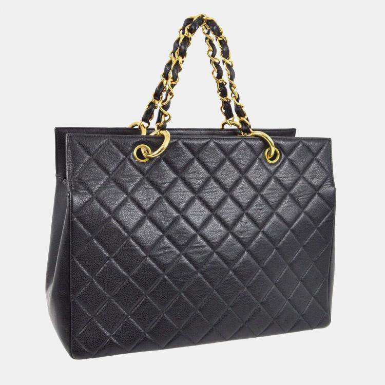 Pre Owned Chanel Black Calfskin Tote Chain Handbag