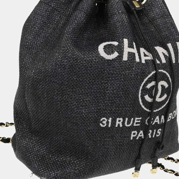 Pre Owned Chanel Deauville Black Straw Bucket Backpack