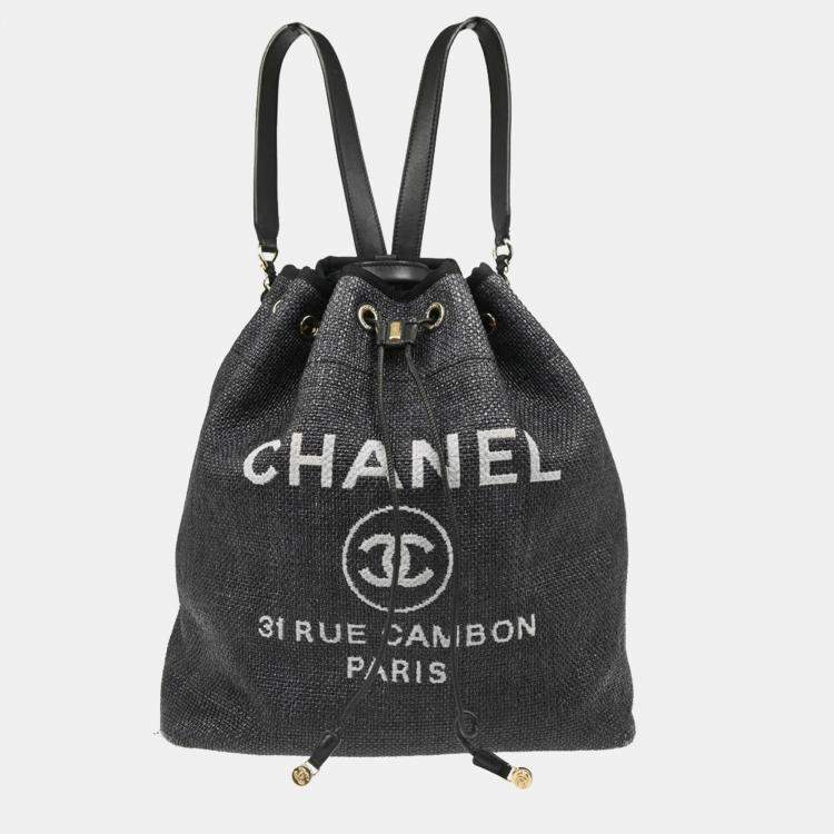 Pre Owned Chanel Deauville Black Straw Bucket Backpack
