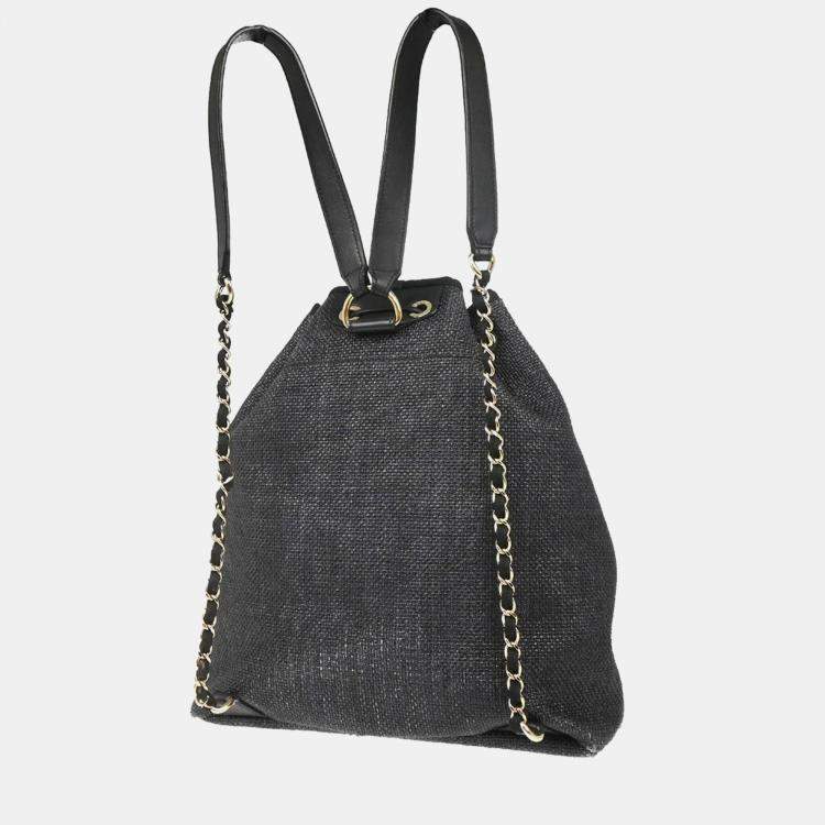 Pre Owned Chanel Deauville Black Straw Bucket Backpack