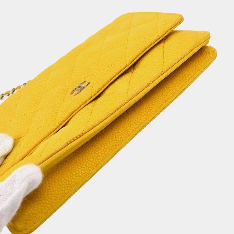 Pre Owned Chanel Classic Wallet On Chain Yellow Calfskin Shoulder Bag
