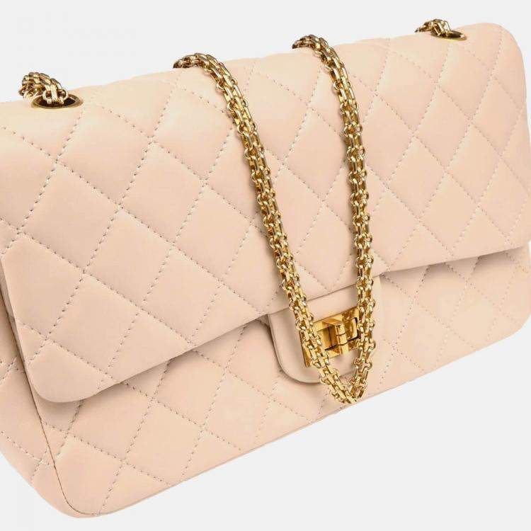 Pre Owned Chanel 2.55 Double Flap Beige Lambskin Shoulder Bag