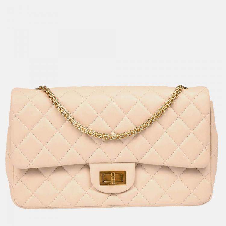 Pre Owned Chanel 2.55 Double Flap Beige Lambskin Shoulder Bag