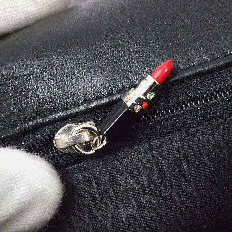Pre Owned Chanel Classic Single Flap Black Satin Lipstick Shoulder Bag