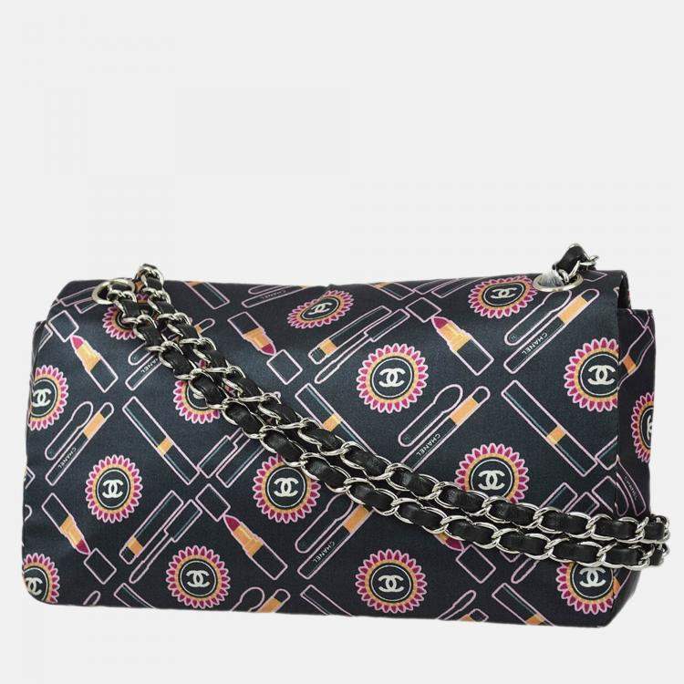 Pre Owned Chanel Classic Single Flap Black Satin Lipstick Shoulder Bag