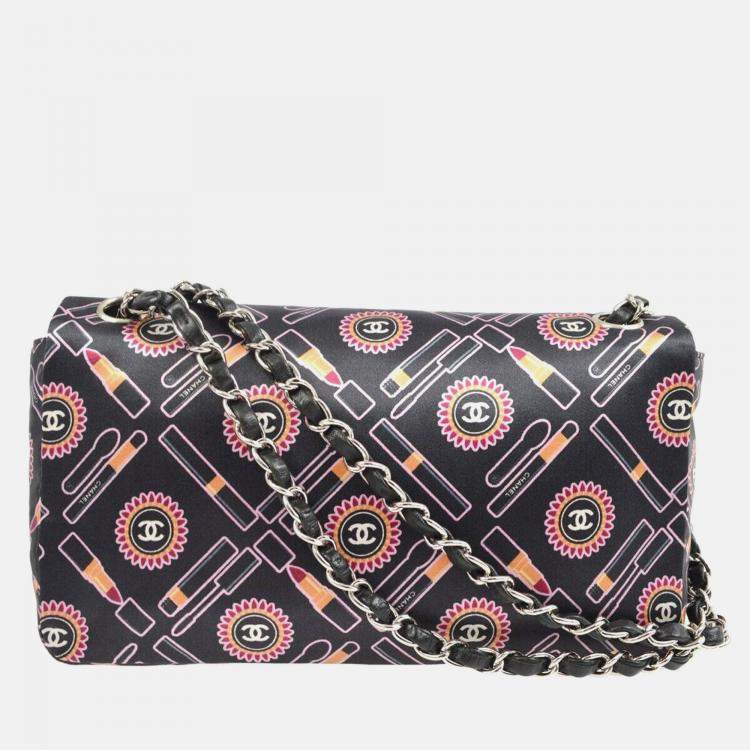 Pre Owned Chanel Lipstick Classic Single Flap Black/Pink Satin Shoulder Bag