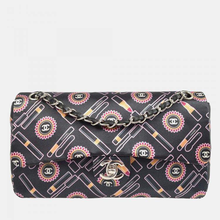 Pre Owned Chanel Lipstick Classic Single Flap Black/Pink Satin Shoulder Bag
