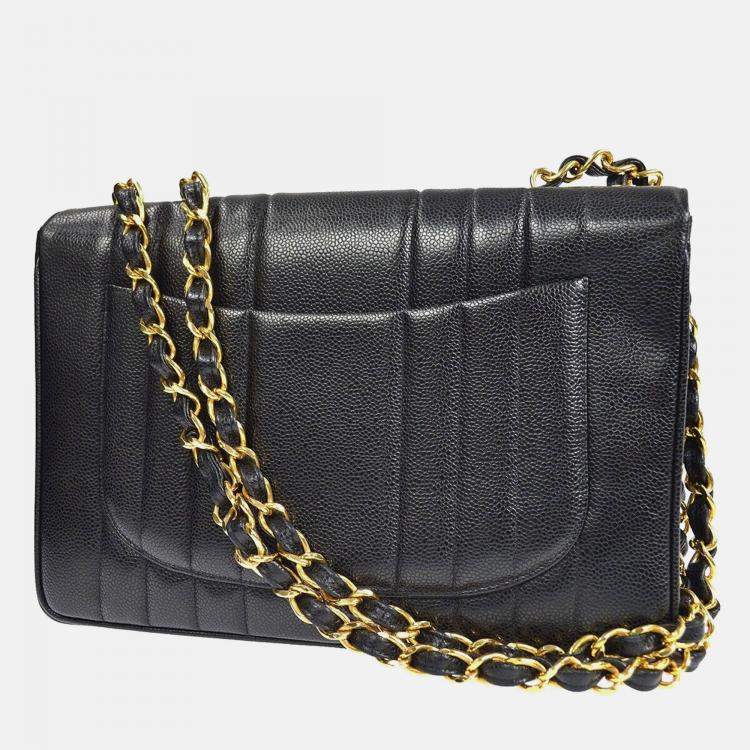 Pre Owned Chanel Mademoiselle Classic Flap Black Leather Double Chain Shoulder Bag